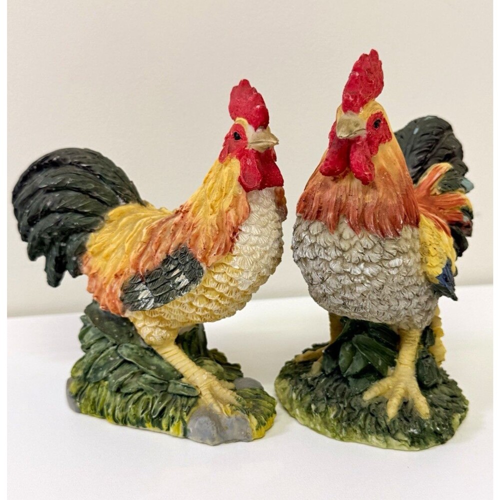 Resin Rooster Chicken Figurines Pair (2) Approx 5 in Tall